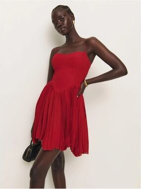 EUC Reformation Ezlynn Sangre Red Pleated Spaghetti-Strap Mini Dress Size 6